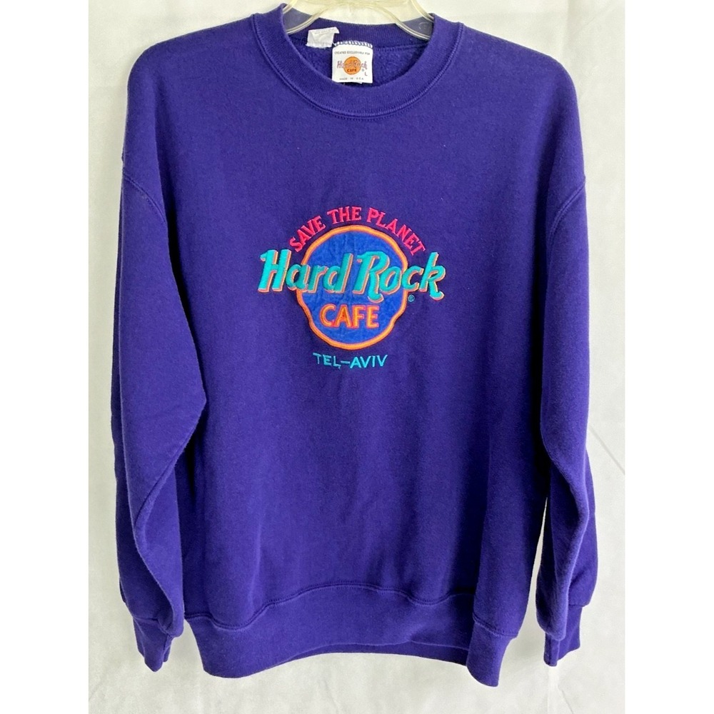 Vintage Hard Rock Cafe Tel Aviv Sweatshirt Large Purple Save the Planet 90s USA